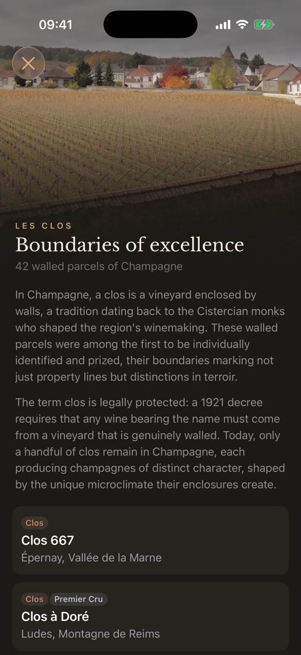 The Les Clos collection in the Parcelles app, listing the most recognized walled parcels of Champagne