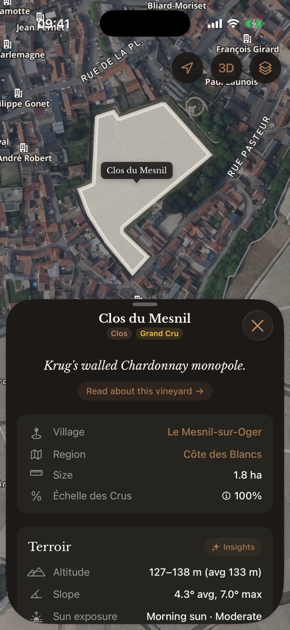 Clos du Mesnil with its walled parcel boundary and terroir details in the Parcelles app