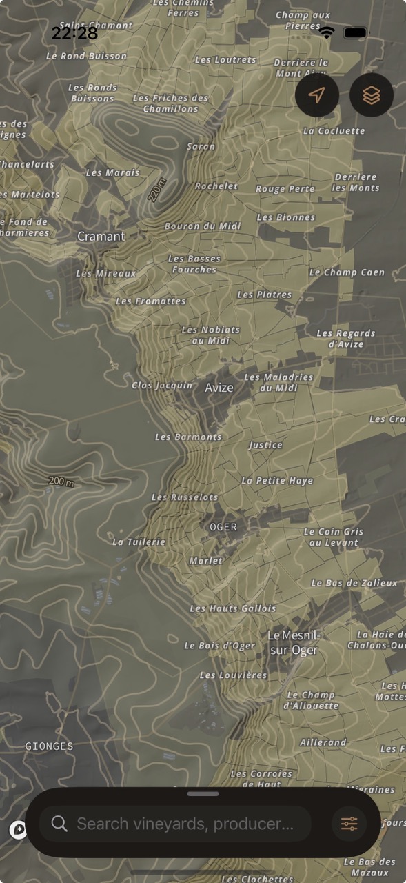 Capa de clasificación de crus sobre el mapa en la app Parcelles