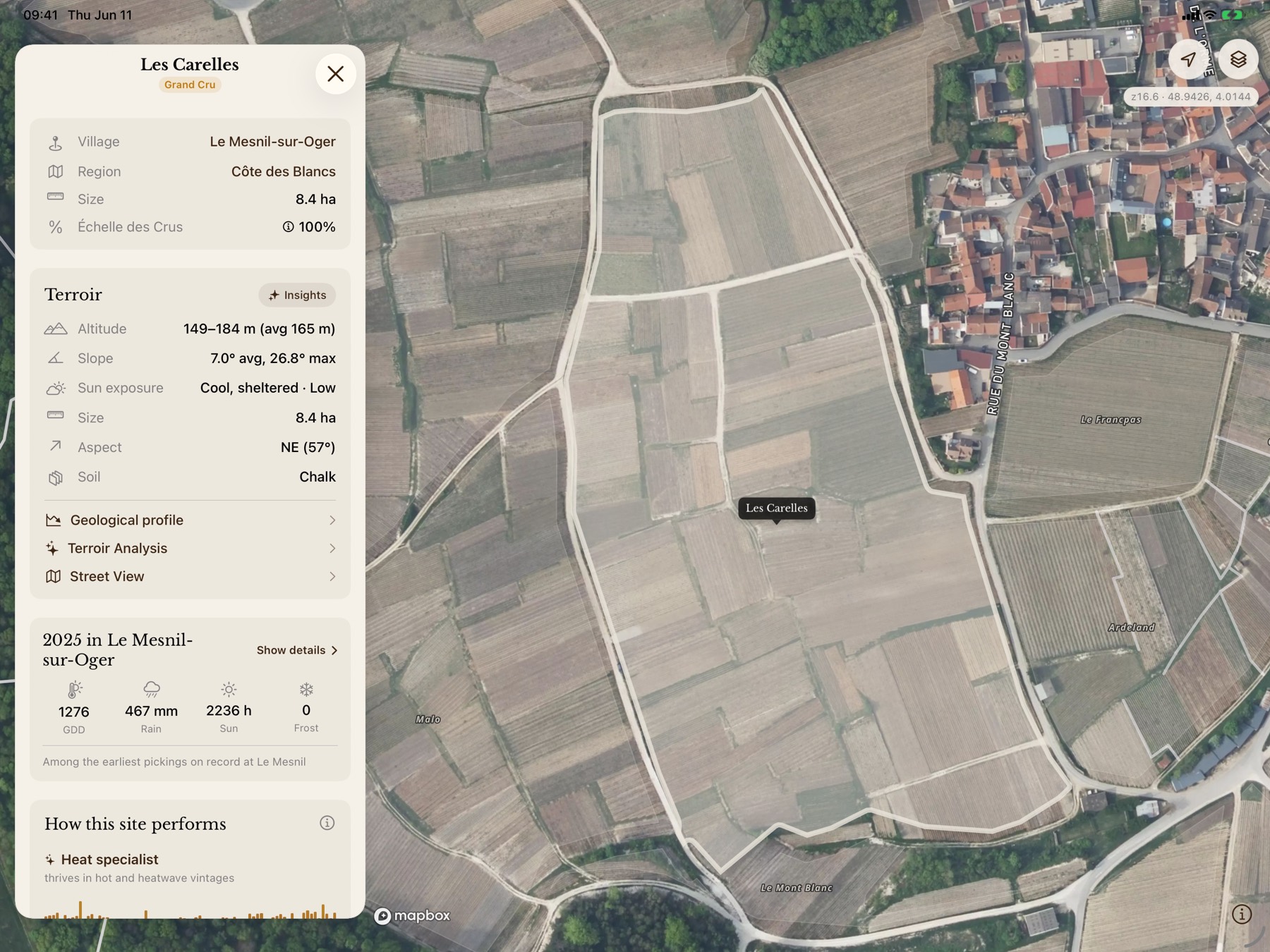 Parcelles on iPad: a vineyard detail panel floating beside the satellite map